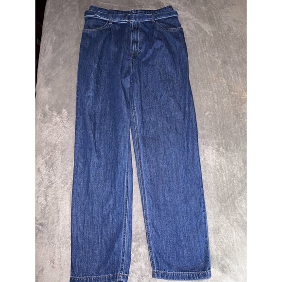 UNIQLO Jeans Retro Relax Fit Wide Leg High Rise Tapered Belted Blue Jeans - Picture 3 of 11